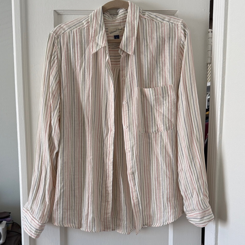Universal Thread Striped Button Down Shirt - Cream and Pink Multicolor Stripes